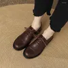 Dress Shoes 2024 Spring Women Pumps Natural Leather 22-25.5cm Washed Cowhide Pigskin Full Lace Up Loafers Retro Brogue