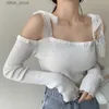 Women's Tanks Camis Womens Tops Off Shoulder Lace Slim Fashion Sexy Navel Exposed Long Sleeve T Shirt Y240403