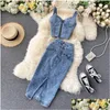 Tweede stuk jurk Amolapha dames jeans vestskirts sets riemen tops knoppen denim rok pakken voor vrouw 230705 drop levering kleding wome dhntt