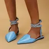 Sandaler Bling Crystal Ankle Strap Sandaler för kvinnor pekade Toe Flat Heel Gladiator Sandles Woman Shiny Rhinestones Non-Slip Party Shoes J240402