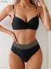 Swimswear féminin Femmes Sexy Bikini Femmes Black Two Pieces Swimwear Bath Bathing Fssue Swimsuit Summer Beach Sexy Bikini Set Solid Swimming Costume Y240402