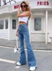 Benuynffy button mostro feminino hem flare jeans outono moda mulher jeans jeans jean femme alta cintura
