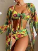 Frauen Badebekleidung Blumendruck Knoten vorne Bikinis 2024 Frauen Langes Slve 3 Stück Badebekleidung Frauen Hochtülen Badeanzug sexy Badeanzug Sommer Y240402