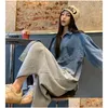 Abiti casual di base Abito vintage lungo camicia in stile primavera coreano girare a corridoio manica a gradiente tasche in denim sciolte per donne calare dh5ih