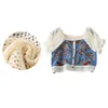 Blans des femmes Bubble Bouche à manches courtes Bouton Up Crop Top Crochet Flower Square Coup Shirt
