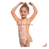 One-Pieces One Pieces Toddler Girls One-Piece Swimsuit Infant Flower Leopard Print Long Sleeve Neck Front Zipper Swimwear Monikini Bea Dhbza