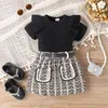 Zestawy odzieży Summer Kids Girls Fits Black Latający rękaw Bilbowane topy Zestaw ubrań w kratę w kratę