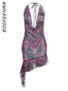 Casual Dresses BOOFEENAA Floral Print Mesh Summer Dress See Through Backless Mini Beach Wears Sexy Vacation Outfits Woman 2024 C83-AI13