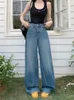 Jean femme rétro américain droit bleu Patchwork Design bas amples pantalon décontracté femme taille haute pantalon en Denim mince