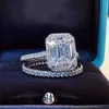 Ringos de banda Emerald Cut 2Ct Laboratório Diamond Ring Bride Conjunto Real 925 Sterling Silver noivado Anel de casamento