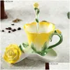 Mugs European Creative Pastoral Style Ceramic Coffee Cups Enamel Rose Cup And Saucer Set Elegant Birthday Gift Drop Delivery Home Gard Otwrk