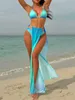 Women's Swimwear 3-piece T-shaped bikini set 2024 swimsuit womens kimono swimsuit sexy gradient metal Criss cross swimsuit covering bikini J240403