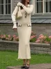 Kontrast Ruffled Sticked Dres Fashion Spring Long Sleeve Single Breasted Midi Dresses 2024 Lapel High midje Vestidos 240403