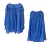 Vestidos de trabalho primavera azul seda luxo lantejoulas bordado moda plissado borda solta superior cintura elástica meia saia conjunto feminino um tamanho