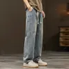 2024 Elastic loose straight jeans mens wide legged denim pants casual trousers Korean style Sportswear clothing 240323