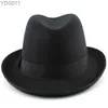 Chapéus de aba larga Bucket Mens Wool Blend clássico Vintage Homburg Hat Hat Feather Band Fedora Trilby Sunhat jazz inverno quente tamanho ajustável m-l yq240403