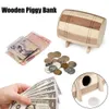 1PCS Wooden Money Box Piggy Bank Safe Money Box Savings Wine Barrel Wood Carving Handmade Piggy Bank Coins Storage Box 240401