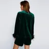 Women's Sleepwear Autumn And Winter Noble Silky Korean Plush Feather Wholesale Pajamas Long Sleeved Shorts Set Home Fur Can Be Outworn