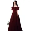 Party Dresses Burgundy Prom Dress Mesh Pleated Off Shoulder Bubble Sleeve Banquet Gown Classic Tulle Lace Up Slim Long Cocktail Vestidos