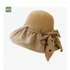 Szerokie brzegowe czapki Summer For Women Beach Hat Kobiet filtrowy Fisherman Cap Kot Bow Ladies Składane Sunhat UV Ochrona Gorros