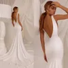 Langer V-Ausschnitt Vintage Crepe Brautkleider Meerjungfrau Elfenbein Reißverschluss Rücken-Sweep-Zug Vestidos de Novia Brautkleider für Frauen