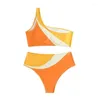 Kobiety w kolorze stroju kąpielowego stroju kąpielowego Patchwork Swimwork Women Wysoka talia 2-częściowa bikini 2024 pojedyncze ramię z tyłem z wyściełanym kostiumem kąpielowym plażowym