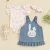 Kledingsets geboren Baby Girl Easter 3 stcs Outfit Print Korte mouw Romper met denim algehele jurk en booghoofdband