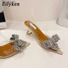 Dress Shoes Design Style puntige teenpompen Dames Bowknot Rhinestone PVC Transparant Fashion Party High Heel Summer Sandals H240403