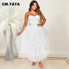 Casual Dresses CM. Women Sexy Party Maxi For 2024 Diamonds Rhinestones Strapless Big Swing Mesh Cascading Ruffles Long Dress