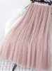 Tigena Big Hem Long Tulle kjol Kvinnor Korean Casual Simple Solid 3 Layers A Line High midje maxi kjol kvinnlig lady lila 240325