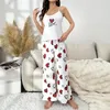 Домашняя одежда Женщины Сексуальная атласная ночная рукавица летняя рукавочная топ с брюками пижама Set Sling Homewear в форме печати одежды пижама