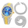 Strängar Hip Hop Full Iced Out Paled Rhinestones Miami Curb Cuban Chain Necklace Watch Armband Gold Bling Rapper Men smycken 230613