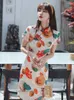 Ethnic Clothing 2023 Fan Printed Cheongsam Improved Version Dress Chinese Style French Young Girl Qipao Costume