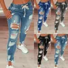 Europese en Amerikaanse hoge taille gescheurde elastische trekkoord jeans voor vrouwen 240403