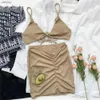 Momento de banho feminina Sexy Khaki Swimwear Women 3 peças Bikinis Set Swimsuit Ritbed 2024 Mini Salia de Casa de Casa