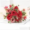 装飾的な花の花輪シミュレーションシルドカールカールエッジローズブーケホームベッドルームデコレーション人工花ホワイトローズドロップOT6XS