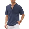 Men's T-Shirts Summer Mens Short-Sleeved T-shirt Cotton Linen V-neck Mens Shirt Male Breathable Casual Tops Plus Size Stand-up Collar 5XL 2443