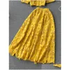 Vestidos de trabalho Summer Mulheres Amarelo/vermelho/branco Hollow Out Duas peças Conjunto de colarinho quadrado vintage Tops de manga curta alta cintura A Midi Dro dhqgv