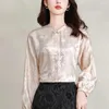 Etnische kleding 2024 Chinese dames korte top lente lange mouwen staande kraag button shirt printen elegante dagelijkse tangstijl blouse