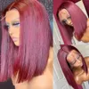 1B99J Burgundy Short Straight Bob Human Hair Brazilian Lace Front Pre Plucked T Part Remy 240401