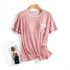Frauen Nachtwäsche ein Stück Pyjamas Mode Plaid Kurzarm T-Shirt Rundhals Hals Modal Nightwear BH gepolstert Sommerschlaf Hemd