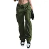 女性用パンツ女性ソリッドカラーのズボンヴィンテージハイウエストレディース貨物弾性マルチポケットとソフトルーズストレート