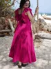 Casual Dresses Elegant Rose Red Hollow Out Strap Long Dress for Women Rygglös ärmlöshet Ruffle A-Line 2024 Summer Lady Semester