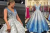 Sparkly Ombre Blue A Line Prom Dresses V Neck Sequined Fabric Ruched Backless Floor Length Evening Dress Glowns för WO5703663