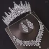 Hair Clips Luxury Crystal Crown Necklace Earring Set Rhinestone Bridal Jewelry Wedding Accessories Tiara Gift