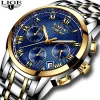 Drijft nieuwe Lige Watches Men -merk Chronograph Men Sports Watches Waterd Full Steel Quartz Men's Watch Relogio Masculino+Box