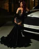 Party Dresses Black Beaded Lace Appliques Velvet Prom With Gloves Mermaid Dress Evening Elegant Luxury Celebrity O Neck Ladies