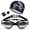 Goggles verres de natation adultes kit lentilles revêtues de la lentille enrobée des lunettes de natation antibrouillard + casque + caisson de nez + bougies d'oreille Protection des yeux anifog imperméable