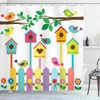 Shower Curtains Funny Cartoon Cute Colorful Birds Fence Flower Plant Leaves Kids Bath Curtain Modern Children Bathroom Decor Set