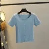 Kadın Tişörtleri Yaz Gündelik nazik kız kısa buz ipek tişört katı yuvarlak boyun düğmesi kazak ahşap kulak kenarı ince fit çok yönlü